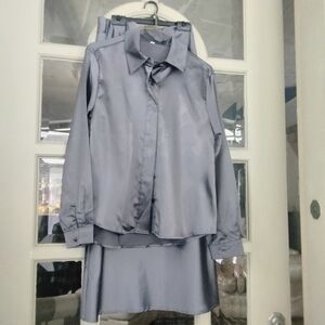 Sleek Gray Satin Shirt and Skirt Set